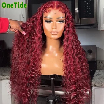 Бордовые парики из натуральных волос на кружеве, Бразильские натуральные волосы 12A, 13x4, парики с глубокой волной на кружеве для женщин, предварительно выщипанные парики