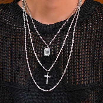 KunJoe, 3 шт./компл., ожерелье с подвеской в виде хрустального креста для мужчин, колье в стиле панк, серебристый цвет, колье-цепочка из витой веревки, ювелирные изделия в стиле хип-хоп
