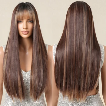 Каштаново-коричневые смешанные светлые синтетические парики с челкой, парик из длинных натуральных прямых волос для женщин, повседневный косплей, термостойкий