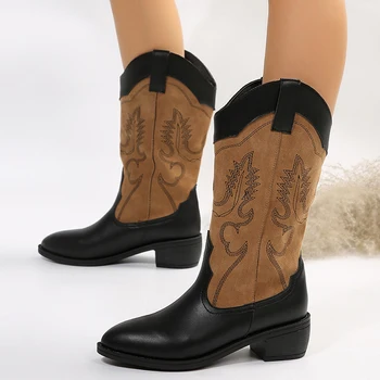 Новые женские винтажные сапоги в стиле вестерн до середины икры на блочном каблуке с вышивкой, ковбойские сапоги для женщин, осенне-зимние кожаные ботинки Zapatos Mujer
