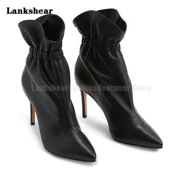 Черные ботинки на шпильке с острым носком, эластичные ботинки со складками, женская обувь больших размеров, ботильоны без застежки, Модные короткие ботинки