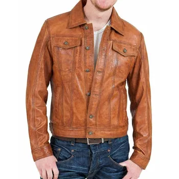 Мужская винтажная потертая коричневая кожаная куртка дальнобойщика, байкерская куртка из натуральной овечьей кожи