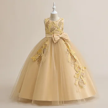 Новое платье принцессы с цветочным узором для девочек, сетчатая пышная юбка, платье для фортепианного представления для маленьких девочек, детское платье