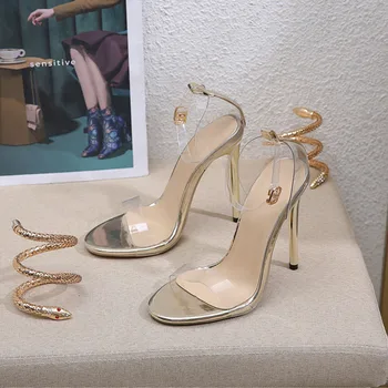 Летние Новые модные женские босоножки на высоком каблуке с круглым носком и ремешком с пряжкой, прозрачные Полая женская обувь из ПВХ, большие размеры 42