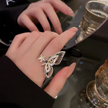 Модные Корейские кольца с цветком Циркона и бабочкой Для женщин Индивидуальное Преувеличенное Открывающее кольцо с бабочкой из большого Хрусталя Вечерние украшения