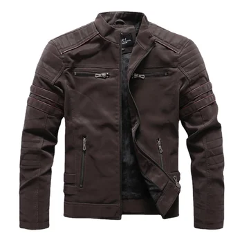 Зимняя мотоциклетная куртка из искусственной кожи, мужская винтажная флисовая теплая кожаная куртка с несколькими карманами, мужские осенние куртки-пиджаки на молнии