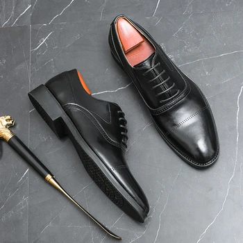 Деловая Официальная Кожаная обувь Для мужчин, хит продаж 2023 года, Мужская обувь с низким верхом, Чисто Черные Свадебные туфли, Модные Оксфордские офисные туфли с острым носком.