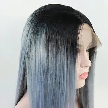 Черное Омбре Светло-голубое Серое Прямое синтетическое кружево спереди Парик из высококачественного термостойкого волокна, предварительно выщипанный по линии роста волос для женщин