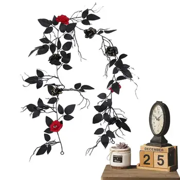 Черная листовая гирлянда на Хэллоуин, черная искусственная гирлянда с красной розой, 5,6 фута, искусственная гирлянда из листьев, сделанная своими руками, Поддельная декоративная гирлянда