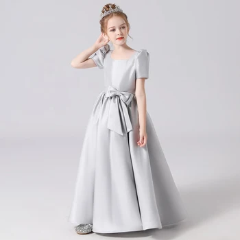 Свадебное атласное платье принцессы с цветочным узором для девочек, элегантные короткие рукава, длина до пола, детские бальные платья для Дня рождения, Первого причастия