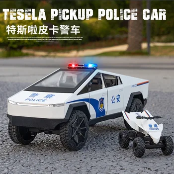 :Полицейская машина-пикап 24 Tesla с высокой имитацией, модель автомобиля из литого под давлением металлического сплава, Коллекция звуковых и световых сигналов, Откидывающаяся назад, Подарки для детей