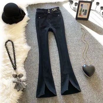 Черные джинсы Женские 2023 Весна Small New Fried Street Тонкие Эластичные брюки с высокой талией и тонким разрезом, Укороченные джинсы женские
