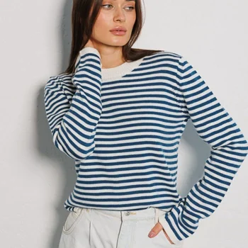 Полосатый свитер Европа и Америка 2023 Осень Новый Модный тренд Нитки контрастного цвета с круглым вырезом Вязаный полосатый свитер