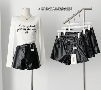 Lauri Laki/ Новые шорты из искусственной кожи, женские винтажные черные шорты с высокой талией и широкими штанинами, осень 2023 г.