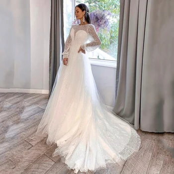 Иллюзионное платье невесты с длинным рукавом, круглый вырез, трапециевидные блестящие Стильные свадебные платья для женщин, Сетчатое платье vestidos de novia
