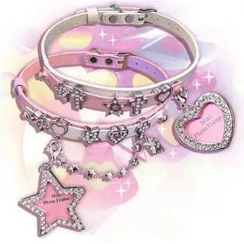 Кожаное колье-чокер со звездой в виде сердца из розового хрусталя для женщин, Корейское модное ожерелье с подвеской в виде креста в стиле харадзюку, Ювелирные аксессуары Y2K