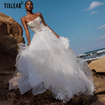 Свадебное платье TIXLEAR 2023 Атласное Элегантное Свадебное платье с кружевной аппликацией, без бретелек, Модное Тюлевое платье Vestidos De Novia Со шлейфом
