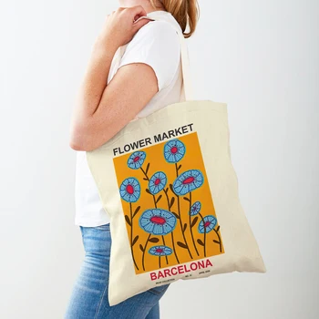 Сумки для покупок в винтажном стиле, детская сумка-тоут с абстрактным цветком, Эко-двойная женская сумка для покупок с принтом, модная женская холщовая сумка для покупок
