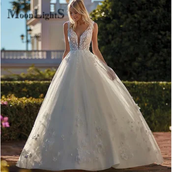 Модное Свадебное платье MoonlightShadow С Глубоким V-образным вырезом и Большими размерами, С 3D Цветами, Без спинки, Mariee Robe De Soiree Mariage, Сшитое На заказ