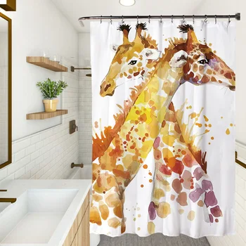 Занавеска для душа с нарисованным вручную жирафом, Мультяшный Тигр, занавеска для ванной комнаты с легко подвешиваемыми крючками из водонепроницаемой полиэфирной ткани 180x180 см