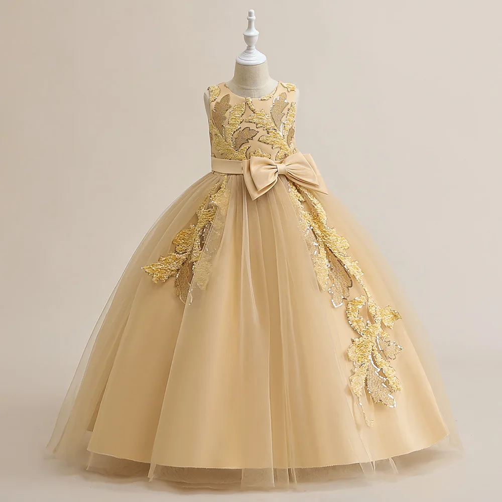 Новое платье принцессы с цветочным узором для девочек, сетчатая пышная юбка, платье для фортепианного представления для маленьких девочек, детское платье