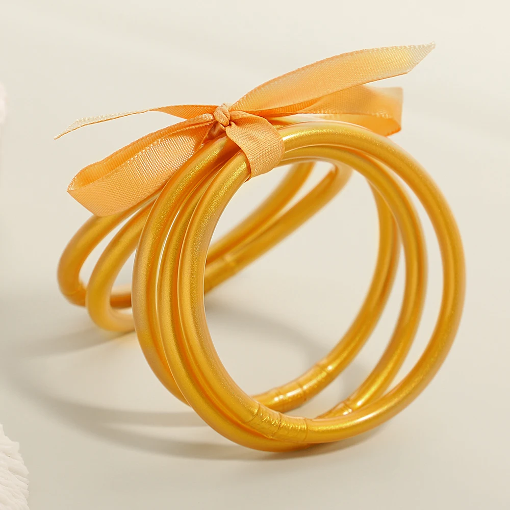 Amorcome 5 шт./компл. Однотонные силиконовые Желейные браслеты, браслет для женщин, лента с бантом, Наращиваемый браслет, ювелирные изделия из браслета