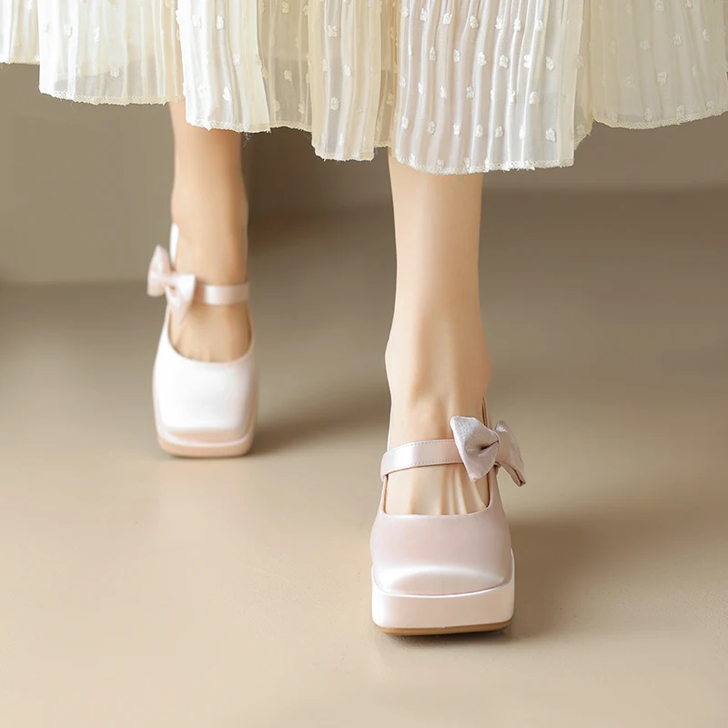 MEMUNIA / Новинка 2023 года; Женская обувь с синтетическим узлом-бабочкой на платформе и высоком толстом каблуке; Модные женские вечерние туфли-лодочки без застежки;
