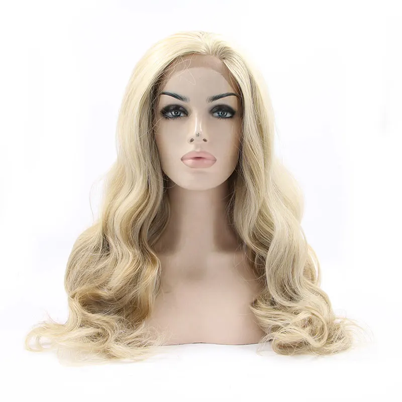 Парик из синтетического кружева спереди Gold Mix Blonde, Бесклеевая объемная волна, Термостойкие волокнистые волосы, Естественная линия роста волос, Средний пробор для женщины
