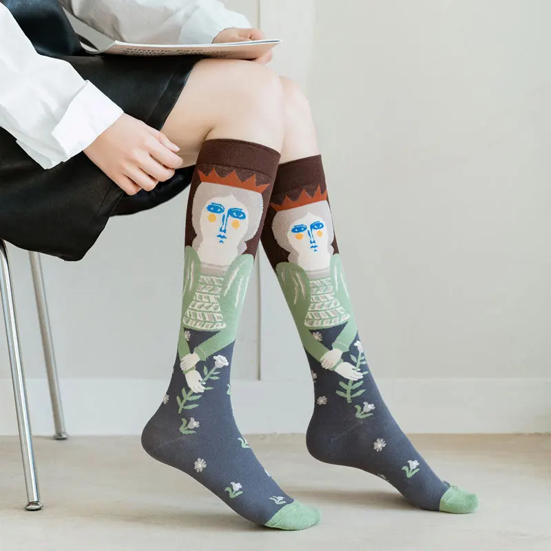 Ретро Абстрактное искусство, женские носки до колена, хлопковые высокие чулки в стиле колледжа, женские длинные носки до колена
