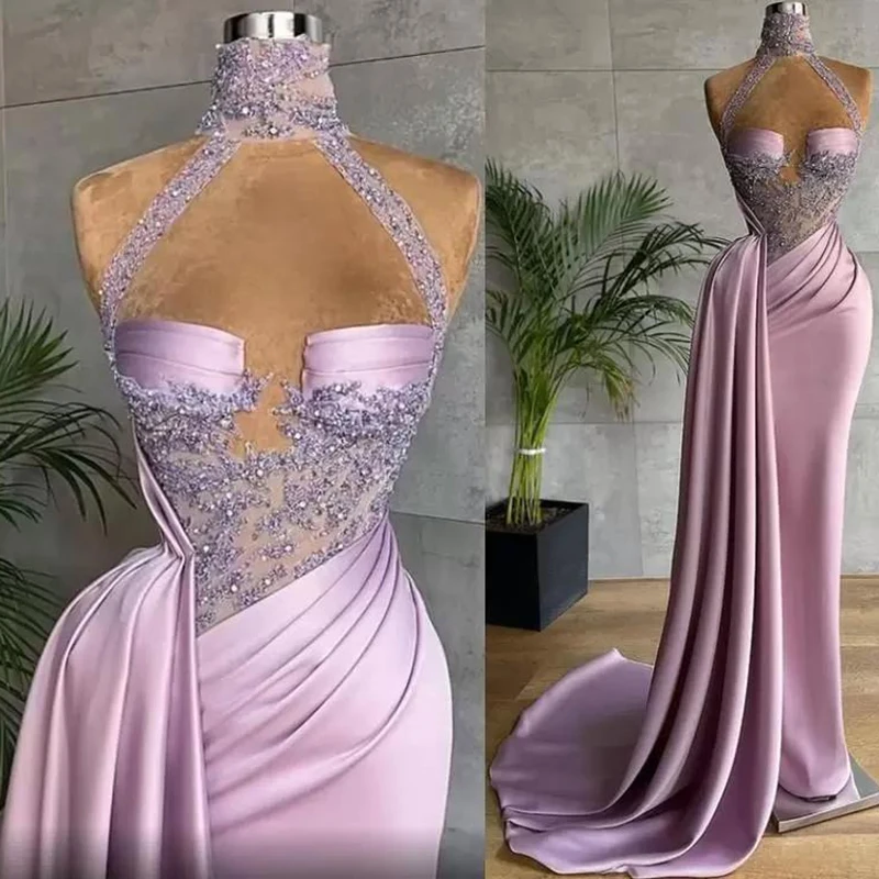 Роскошные вечерние платья с бисером для женщин, атласные, с высоким воротом, длиной до пола, сексуальные платья-футляры для официальных мероприятий, Vestidos Para Mujer, 2023