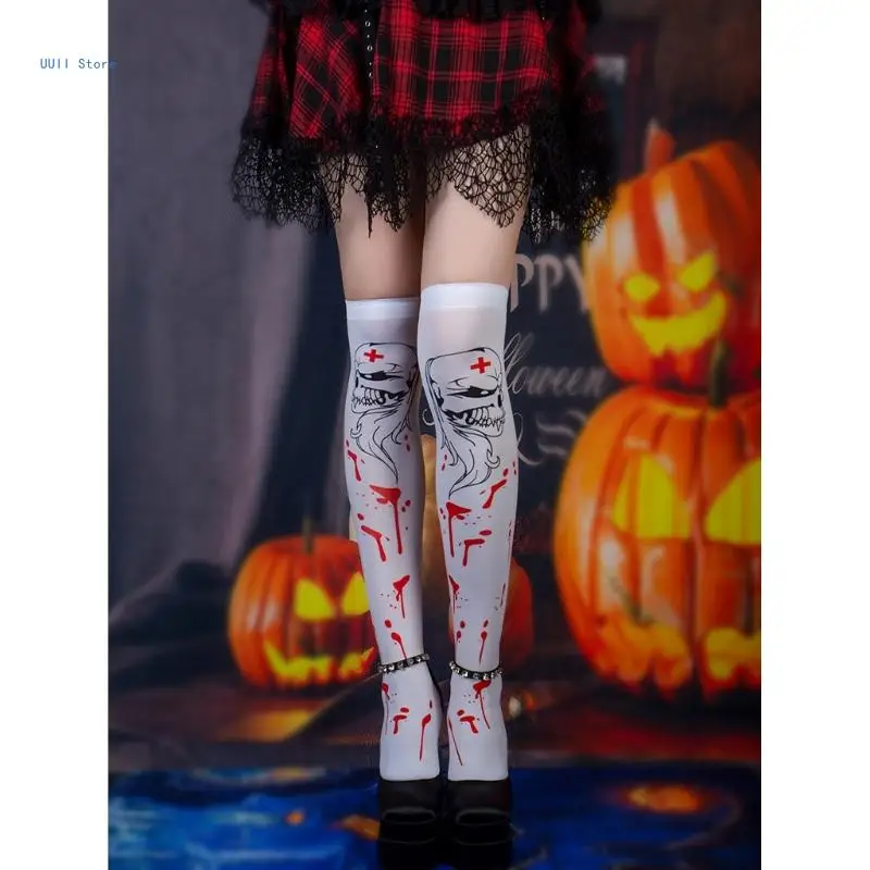 Чулки до колена на Хэллоуин, женские чулки до бедра в готическом стиле с кровавым черепом