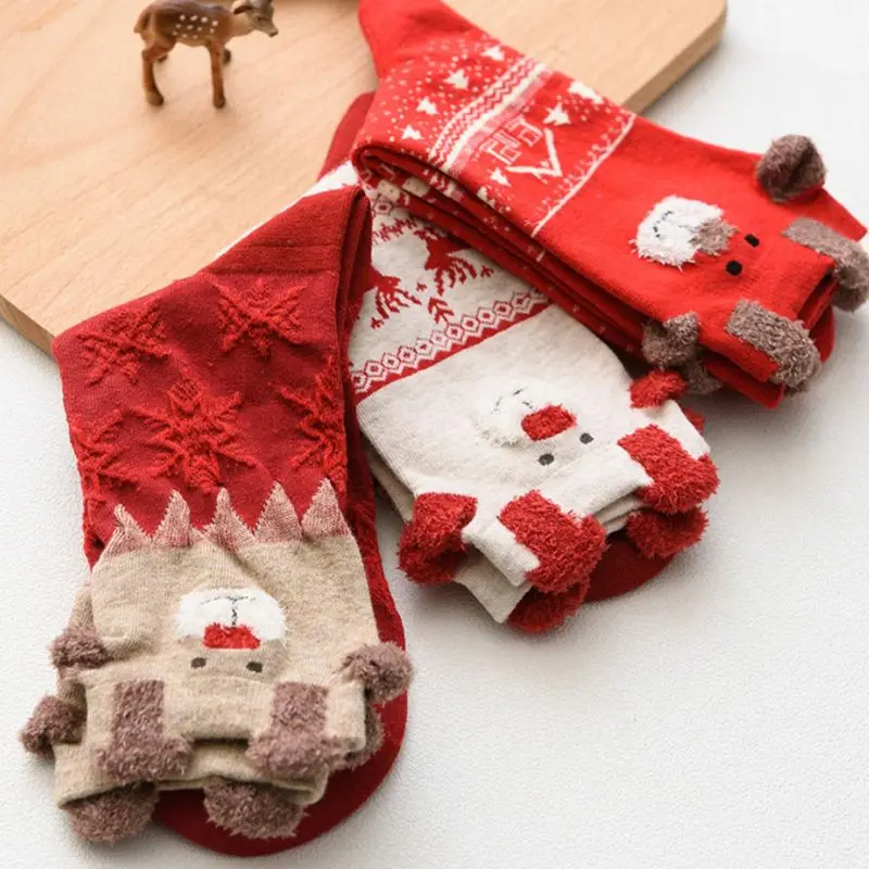 Женские Рождественские Забавные длинные теплые носки с 3D оленями, Хлопковые, Красочные, эластичные