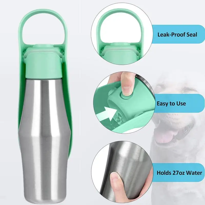 Портативная бутылка для воды для собак 27 унций, Диспенсер для воды для путешествий из нержавеющей стали, товары для домашних животных, миска для воды для собак 2 В 1 в форме листа