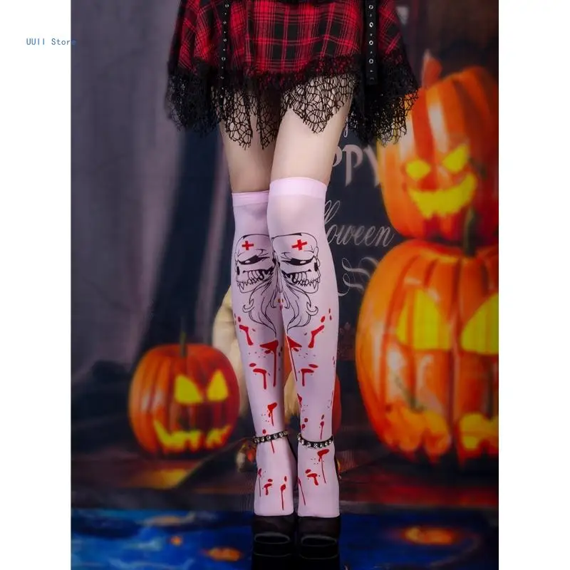 Чулки до колена на Хэллоуин, женские чулки до бедра в готическом стиле с кровавым черепом