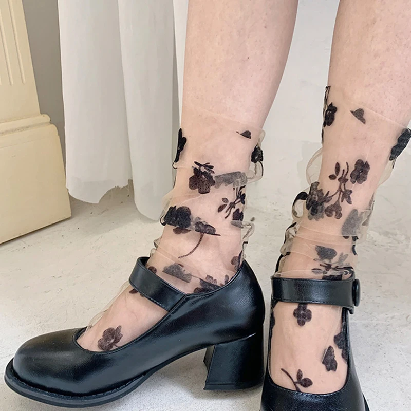 Летние женские винтажные Простые кружевные носки с цветочным рисунком, тюлевые носки с розами, Весенние прозрачные носки из тонкой сетки, шифоновые носки, модные