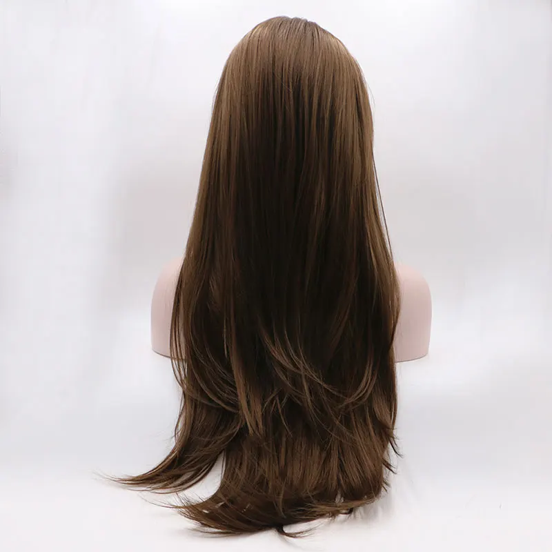 Парик из прямых синтетических волос на шнурке спереди темно-коричневого цвета из термостойкого волокна с естественным пробором по линии роста волос для модных женщин