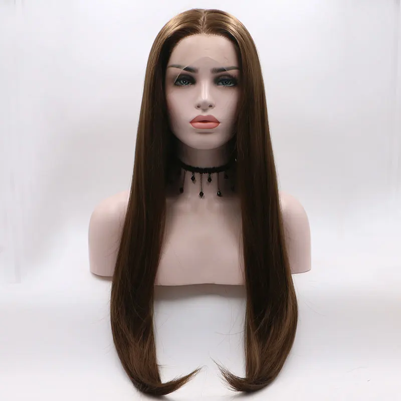 Парик из прямых синтетических волос на шнурке спереди темно-коричневого цвета из термостойкого волокна с естественным пробором по линии роста волос для модных женщин
