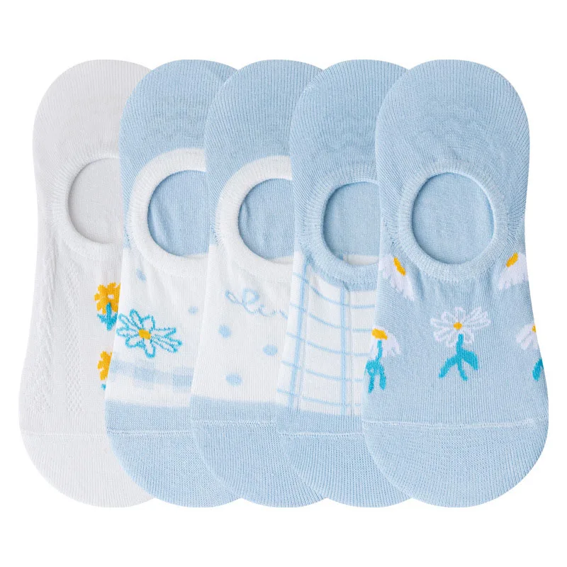 5 пар женских синих носков-лодочек, Летние Милые Модные Тонкие дышащие И удобные Невидимые силиконовые носки Оптом EU35-38