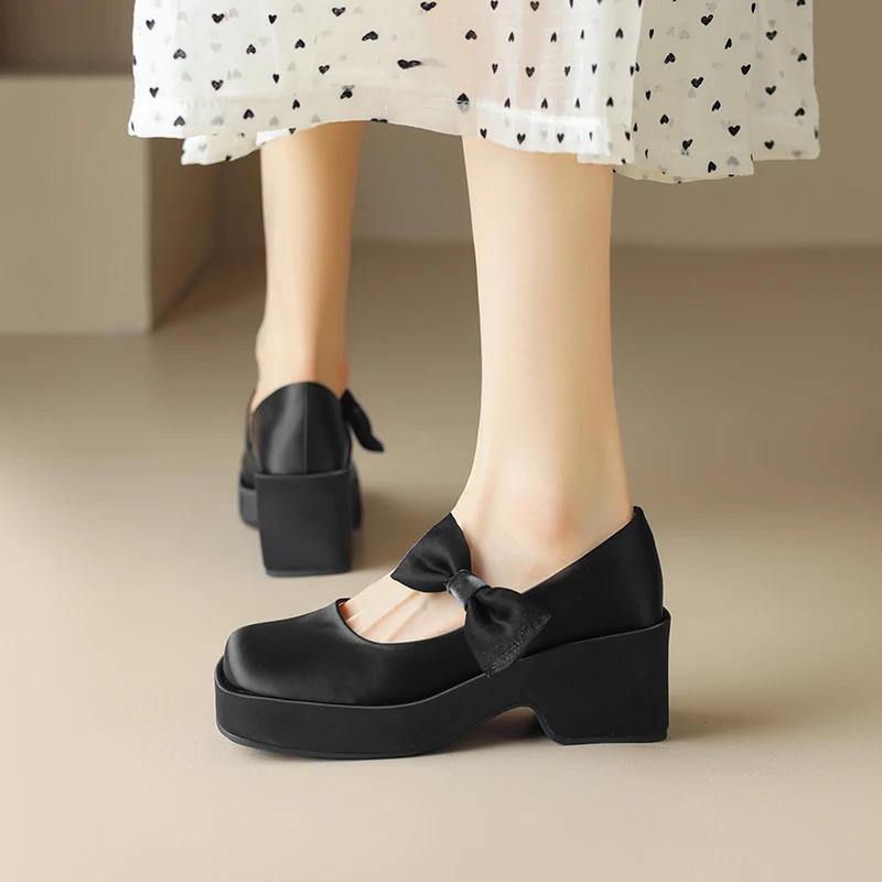 MEMUNIA / Новинка 2023 года; Женская обувь с синтетическим узлом-бабочкой на платформе и высоком толстом каблуке; Модные женские вечерние туфли-лодочки без застежки;