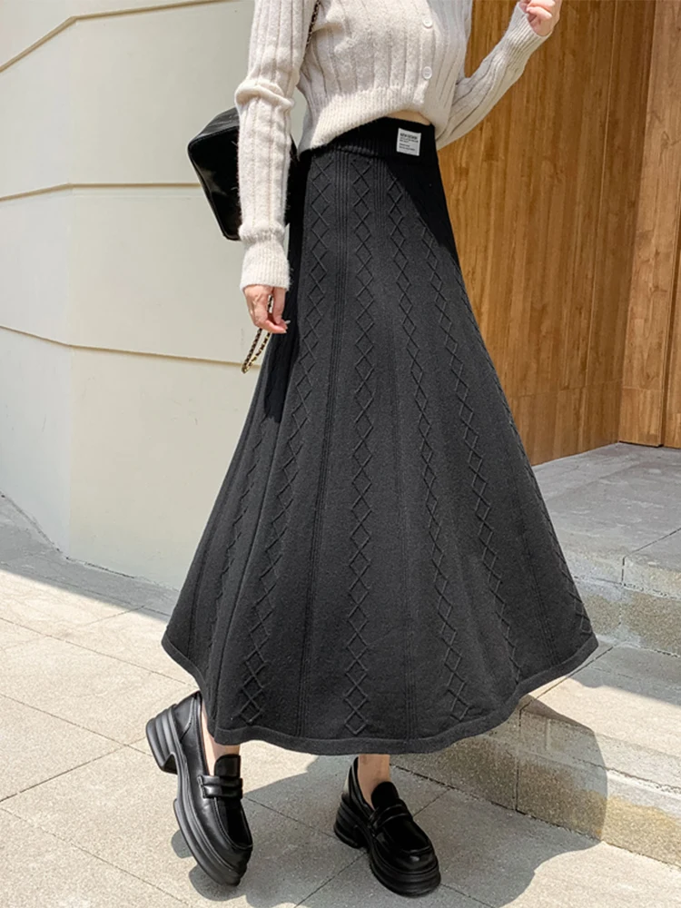 Женская вязаная юбка Миди TIGENA 2023, осень-зима, Корейская элегантная однотонная юбка трапециевидной формы с высокой талией, юбка средней длины, женская